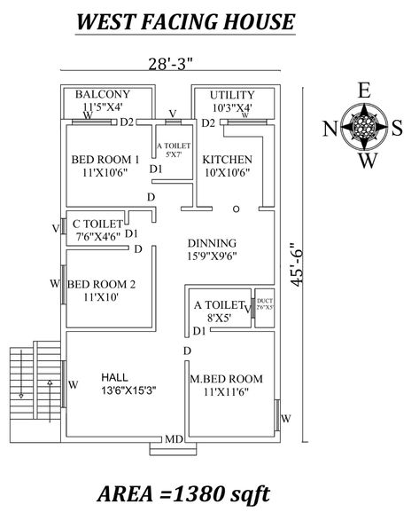 Autocad Drawing file shows 28'3 West Facing House Plan, West Facing House, North Facing House, 20x40 House Plans, 2bhk House Plan, Indian House Plans, Indian House, Little House Plans, Layout Plan