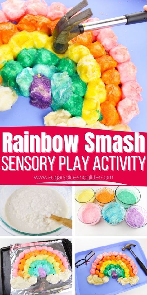 How to make a baked cotton ball rainbow for a smashing sensory play activity for kids. A fun sensory activity for kids, perfect for Spring or St Patrick's Day. Kids get to use a real hammer to smash a baked cotton ball rainbow, for a crunchy, satisfying sensory experience. Smashing Cotton Balls, Cotton Ball Activities, Cotton Ball Crafts, St Patrick's Day Kids, Cloud Activities, Social Emotional Activities, St Patricks Day Crafts For Kids, Play Activity, Sensory Activities Toddlers