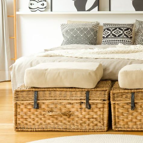 Bottom Of Bed Storage, Side Of Bed Organizer, End Of The Bed Storage, Storage End Of Bed, Blanket Box Bedroom, Storage Bench End Of Bed, Trunk At End Of Bed, End Of Bed Storage Ideas, Bed Pillow Storage At Night