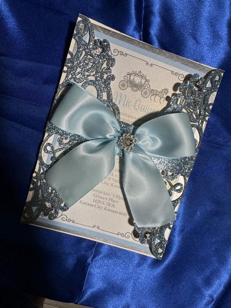 Minimum 25 or more Ready in 4 weeks Cinderella Sweet 16 Dresses, Baby Blue Quince Decorations, Cinderella Sweet 16 Decorations, Quince Cinderella Theme, Cinderella Quinceanera Invitations, Blue Butterfly Themed Birthday Party, Blue And Silver Quince, Sweet 16 Royal Blue Theme, Cinderella Xv Invitations