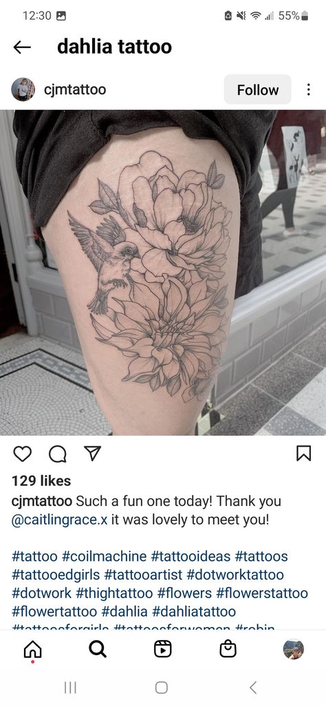 Dahlia Tattoo, Tattoo Thigh, Dot Work Tattoo, Tattoo Inspo, Thigh Tattoo, Flower Tattoos, Girl Tattoos, Dahlia, Tattoo Artists