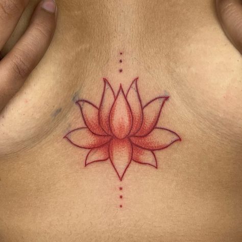 Lotus Flower Bomb 🪷 peep the lil money sign we did too 😌 #ladysmokeinkk #lotusflower #redtattoo #redink #infinitiink #socute #sternumtattoo #ouch #7rl #ambitionrotary #girltatinspo #girlytattoos #tattoosforgirls #girlswhotattoo #tattoo4u #explorepage #foryou #bookwithme #dmtobook #chicago #midway #garfieldridge Lotus Flower Tattoo In Between Chest, Lotus Flower Tattoo On Neck, Laos Tattoos For Women, Lotus Chest Tattoo For Women, Women’s Neck Tattoos, Female Sternum Tattoo, Lotus Flower Spine Tattoo, Prosperity Tattoo, Tattoos Practice