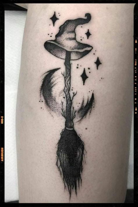 Witch's Hat Tattoo, Witch Hat Flash Tattoo, Witch Hat And Broom Tattoo, Broom Tattoo Witch, Witches Hat Tattoo, Witches Broom Tattoo, Witch Broom Tattoo, Simple Witchy Tattoos, Witch Hat Tattoo