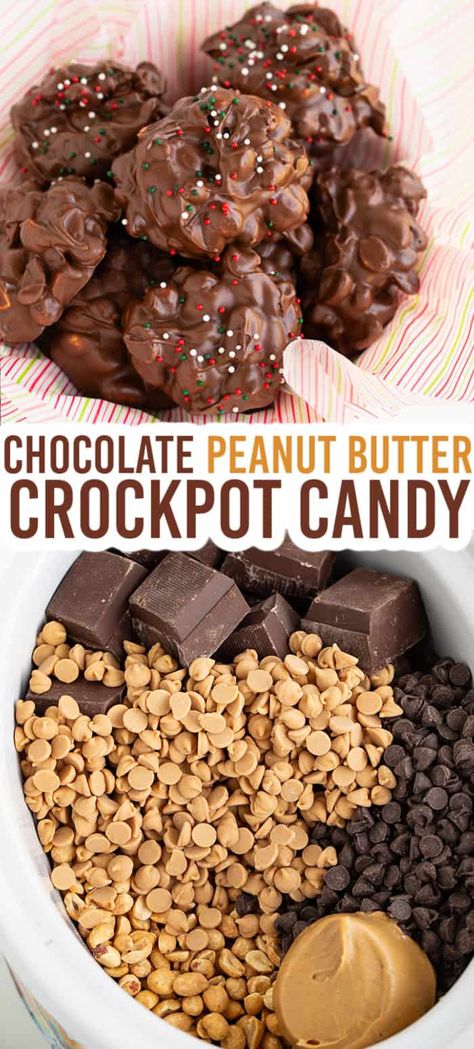 Crockpot Candy Recipe - This Chocolate Peanut Butter Crockpot Candy are delicious peanut clutters that are wrapped in creamy peanut butter, milk chocolate, and peanut butter chips. They're made in the slow cooker and are scooped onto wax paper to harden. Sprinkle with Christmas sprinkles for the perfect Christmas candy! #candy #christmas #cookiedoughandovenmitt #dessertrecipes Crockpot Peanut Brittle, Andies Candies Chocolate Cookies, Crockpot Christmas Desserts, Crockpot Candy Recipes Christmas, Crockpot Candies, Crockpot Christmas Candy, Dessert Crockpot, Chocolate Christmas Candy, Crockpot Candy Recipes