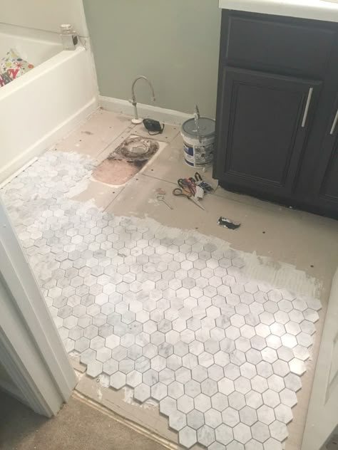 Guest Bathroom Update #3: How To Install Backer Board and Mosaic Marble Floor Tile - Live Pretty on a Penny Mosaic Marble Floor, Guest Bathroom Update, Penny Tiles Bathroom, Marble Bathroom Floor, Mosaic Marble, Guest Bathroom Remodel, Marble Tile Floor, Backer Board, Hall Bathroom