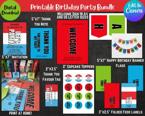 Prime Birthday Decorations, Prime Drink Party Ideas, Prime Hydration Birthday Party, Prime Drink Birthday Party, Prime Birthday Party Theme, Prime Birthday Party, Prime Party, Prime Drink, Food Label Template