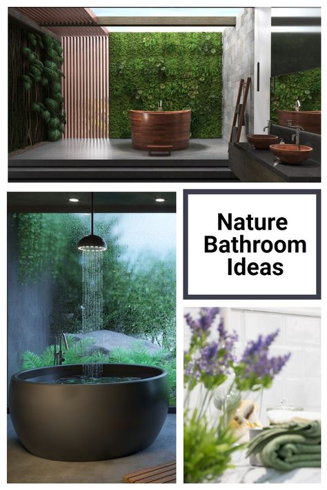 Bathroom Nature Theme, Nature Themed Bathroom, Nature Bathroom Ideas, Natural Bathrooms, Natural Bathroom Design, Nature Bathroom, Nature Inspired Bathroom, Zen Bathroom Design, Small Hot Tub