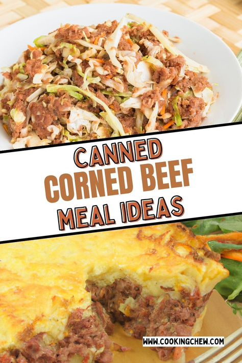 A collage of images showing various dishes made with canned corned beef. Cabbage Corned Beef, Corn Beef Dinner Ideas, Recipes Using Corned Beef, Can Corned Beef Recipes, Canned Corned Beef Recipes Dinners, Can Corn Beef Recipes, Canned Corned Beef And Cabbage Recipe, Canned Corned Beef And Cabbage, Canned Beef Recipes Dinners