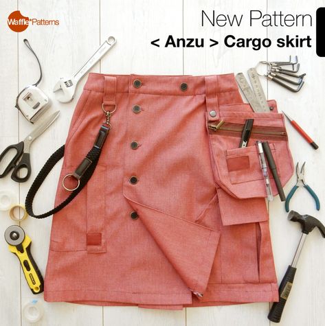 Waffle Patterns // sewing patterns for ladies — Meet new sewing pattern <Anzu> Cargo Skirt Meet... Hiking Skirt, Travel Skirt, Work Aprons, Patterns Sewing, Workwear Fashion, Cargo Skirt, Water Repellent Fabric, Salmon Pink, Outdoor Wear