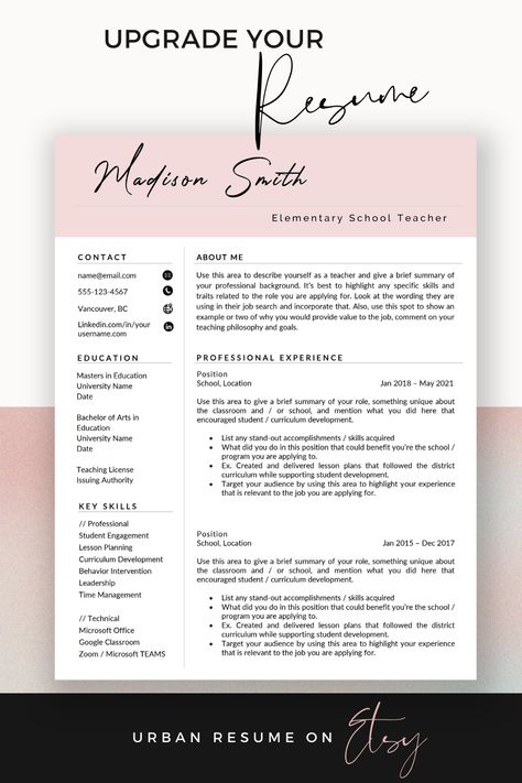 Teacher Resume Template, Editable in Microsoft Word and MAC Pages. This Template is easy to edit and perfect for any educator. You can customize everything from the fonts used, icons, colors, and you can even change sections around easily if you want. Teacher Cv Template, Teacher Cv, Teaching Resume, Teaching Philosophy, Teacher Resume Template, Perfect Resume, Teacher Resume, Elementary School Teacher, Resume Template Word