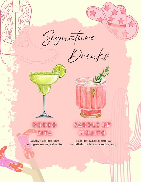 Cowgirl Alcohol Drinks, Cowgirl Theme Bachelorette Party, Bachelorette Cowgirl Theme, Bachelorette Drinks, Cowgirl Cocktail, Cowgirl Themed Bachelorette Party, Bachelorette Cowgirl, Drink Menu Template, Bachelorette Signs