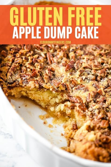 Make a gluten-free caramel apple dump cake with gluten-free cake mix, pie filling, and pecans. Easy dessert recipe with just 5 simple ingredients. Perfect for the holidays! #appledumpcake #dumpcake #cake #applerecipes #fallrecipes #easydesserts #glutenfree #glutenfreedesserts Gluten Free Apple Pie Filling, Gluten Free Cake Mix Recipes, Apple Dump Cake With Pie Filling, Gluten Free Yellow Cake Mix, Gluten Free Caramel Apples, Gluten Free Yellow Cake, Gluten Free Apple Recipes, Gluten Free Apple Cake, Apple Dump Cake Recipe