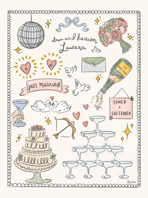 Wedding Drawings Easy, Cute Wedding Illustration, Hand Drawn Wedding Stationary, Envelope Graphic Design, Wedding Doodles, Engagement Drawing, Wedding Graphic Design, Wedding Graphics, Illustration Wedding