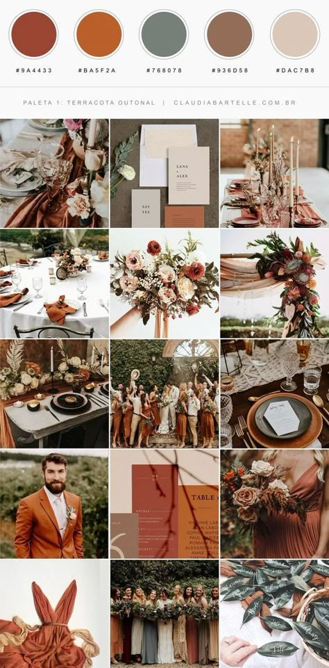 How to Create a Modern Mediterranean Burnt Orange Wedding Theme Terracotta Wedding Colour Palette, Terracotta Wedding Colors Palette, Terracotta Wedding Aesthetic, Clay Wedding Color Scheme, Wedding Aesthetics Color Schemes, Wedding Theme Earth Tone, Earth Tone Bridal Shower Ideas, Fall Earth Tone Wedding Colors, Aesthetic Wedding Colors