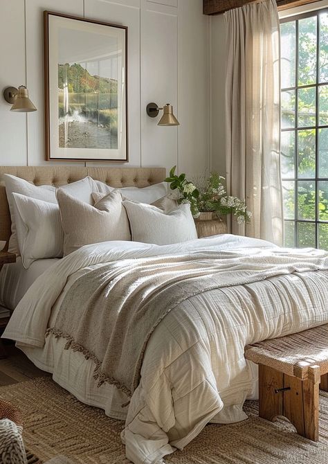 Country Cottage Bedroom, Neutral Bedroom Design, Elegant Bedroom Design, Soothing Bedroom, Neutral Bedrooms, Minimalist Bedroom Design, Cottage Bedroom, Bedroom Design Ideas, Neutral Bedroom