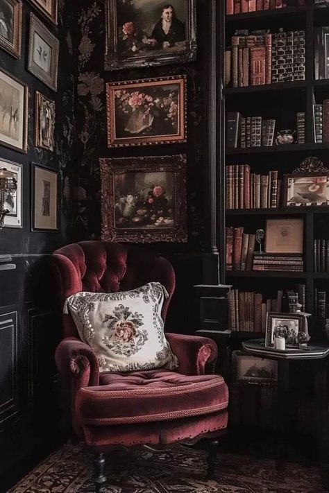 Minimalist Dark Acadamia, Goth Dark Academia Room, Goth Reading Nook, Moody Library Aesthetic, Dark Cottagecore Interior, Gothic Study Room, Moody Craft Room, Victorian Office Aesthetic, Living Room Inspiration Dark