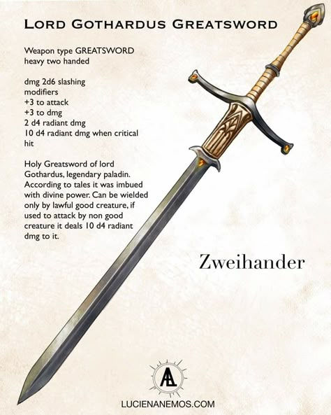 Dnd Wepon Ideas, Greatsword Dnd, Dnd Weaponsmith, Dnd Greatsword, 5e Items, Dnd Paladin, Homebrew Items, Guerriero Samurai, Dungeons And Dragons Rules