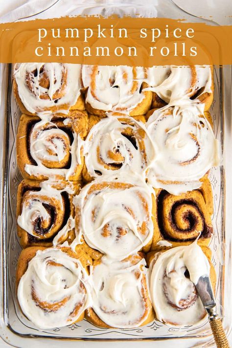 Topped with rich cream cheese icing, these fluffy pumpkin spice cinnamon rolls taste delicious on a crisp fall morning! Pumpkin Spice Cinnamon Rolls, Crisp Fall Morning, Brunch Pastries, Best Brunch Recipes, Pumpkin Cinnamon Rolls, Pumpkin Waffles, Homemade Pumpkin Puree, Fall Morning, Easy Breakfast Ideas