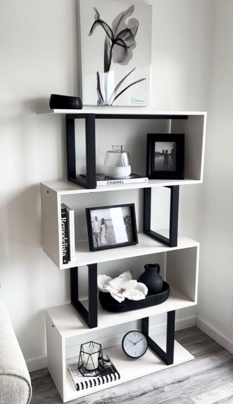 5 tower Geometeric bookcase  #aesthetic#interior#homedecor#getnow#pinterest Black And Grey House Decor, Black And White Aesthetic Home, Bookcase Aesthetic, Modern Apartment Ideas, Black And White Living Room Decor, Black Living Room Decor, White Living Room Decor, Modern Apartment Decor, Apartment Decorating Living