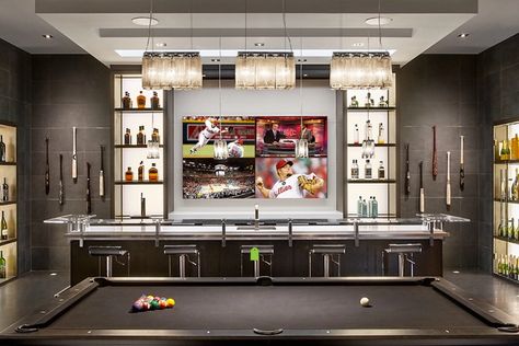 Modern Man Cave Ideas, Basement Bar Design Ideas, Modern Billiard Room, Game Room And Bar, Bar With Tv, Bar Lounge Room Ideas, Contemporary Home Bar Designs, Media Room Bar, Man Cave Designs