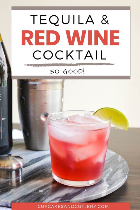 This refreshing Red Wine and Tequila Cocktail has only 5 ingredients and can be made in 5 minutes! With fresh lime and grapefruit soda, this easy wine cocktail is unique and flavorful. Plus how gorgeous is that pretty red color? Tequila Cupcakes, Mixed Drink Ideas, Cocktails With Tequila, Kid Drinks Recipes, Wine Margarita, Tequila Mixed Drinks, Red Wine Drinks, Red Wine Cocktails, Tequila Soda