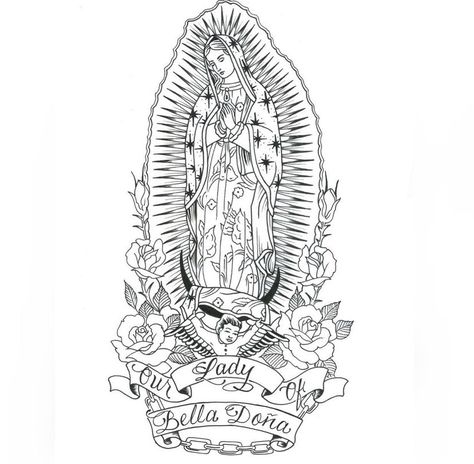 Virgencita Back Tattoo, Virgin Mary Back Tattoo Women, Virgen De Guadalupe Tattoo Ideas Sleeve, Virgen Mary Outline Tattoo, Virgen Mary Tattoo For Women, Virgin Mary Drawing Tattoo, Virgin Mary Tattoo Stencil, Virgen De Guadalupe Tattoo Ideas Outline, Virgin Mary Outline