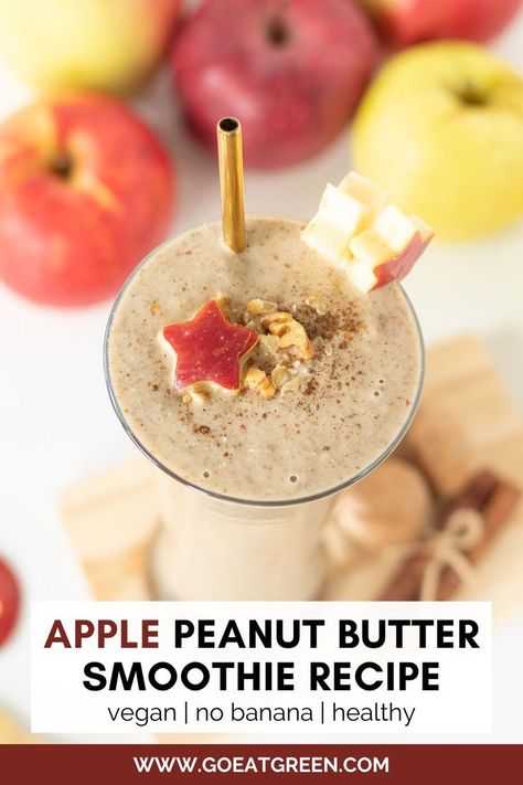 Healthy vegan apple peanut butter smoothie without banana in a glass decorated with apple stars, cinnamon, and chopped walnuts with golden straw Apple Peanut Butter Smoothie, Peanut Butter Oatmeal Smoothie, Cinnamon Shake, Apple Cider Smoothie, Thick Smoothie Recipe, Peanutbutter Smoothie Recipes, Apple Peanut Butter, Apple Smoothie Recipes, Smoothie Without Banana