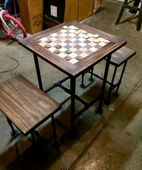 Checker / Chess Table 3 Checker Table, Outdoor Checkers, Checkers Table, Pizza Table, Industrial Basement, Porch Sitting, Checkers Game, Cabin Bedroom, Tile Table