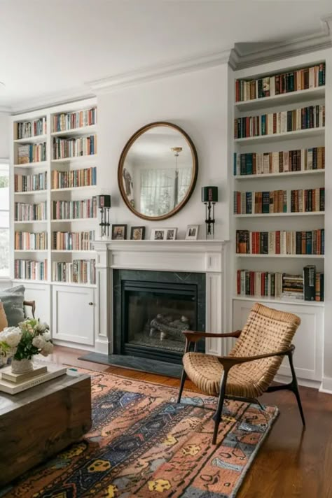 Fireplace With Bookcase On One Side, Fireplace With Bookshelf On One Side, One Sided Built In Fireplace, Bookcase Fireplace Wall Built Ins, Fireplace In Library, Fireplace And Bookcases Built Ins, Recessed Fireplace With Built Ins, Short Fireplace, Bookshelves With Fireplace