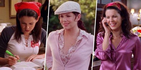 Clothing, Nose, Textile, Photograph, Fashion accessory, Facial expression, Style, Collar, Headgear, Beauty, Tiny Scarf, Mauve Blouse, Lorelei Gilmore, Bandana Outfit, Gilmore Girls Outfits, Blue Puffer Jacket, Alexis Bledel, Lauren Graham, Lorelai Gilmore