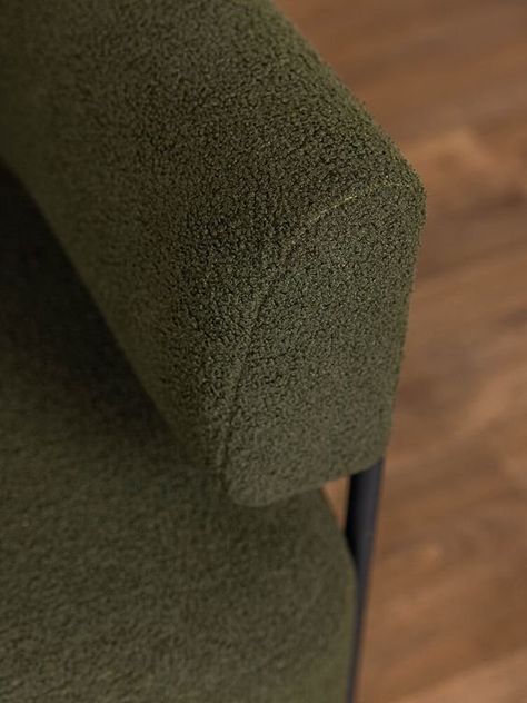 Color Story : Olive — Carmela Designs Green Boucle Chair, Green Boucle Sofa, Olive Green Fabric Texture, Olive Green Chair, Olive Green Palette, Olive Green Sofa, Statement Chair, Soft Olive Green, Statement Chairs