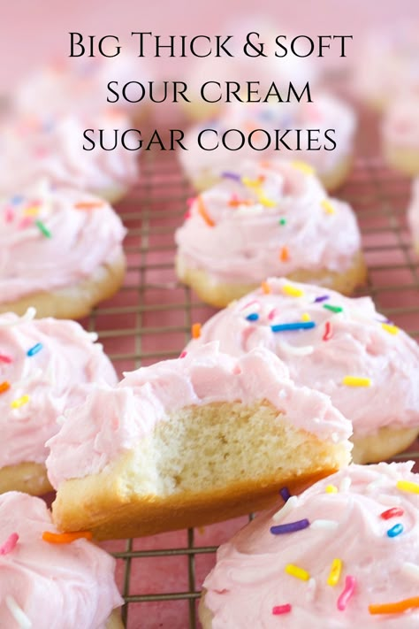 These Sour Cream Sugar Cookies are thick, soft, and moist and SO flavorful, and they are slathered in creamy vanilla buttercream. They are superb!! #cookies #dropcookies #sourcreamcookies #sugarcookies #softcookies #cakelikecookies Grandmas Sour Cream Cookies, Soft And Fluffy Sour Cream Sugar Cookies, Sour Cream Drop Sugar Cookies, Big Soft Sugar Cookies Sour Cream, Soft Sugar Cookies With Sour Cream, Sour Cream Cookies Soft, Soft Sugar Cookie Recipe With Sour Cream, Soft Sour Cream Cookies, Sour Cream Sugar Cookies Soft