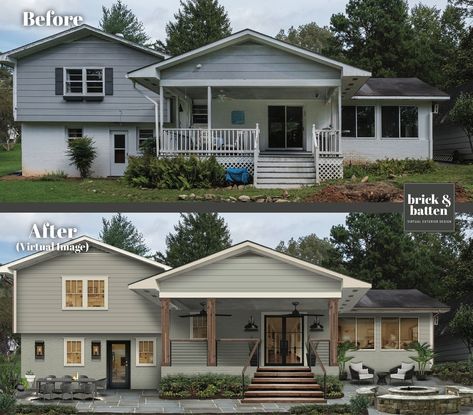 40 Front Porch Ideas for Every Style and Season | brick&batten Split Level With Front Porch, Front Porch Remodel Before And After, Screened Front Porches, Split Level House Exterior, Front Porch Stairs, Brick Ranch Houses, Front Porch Remodel, Front Porch Addition, Front Porch Railings