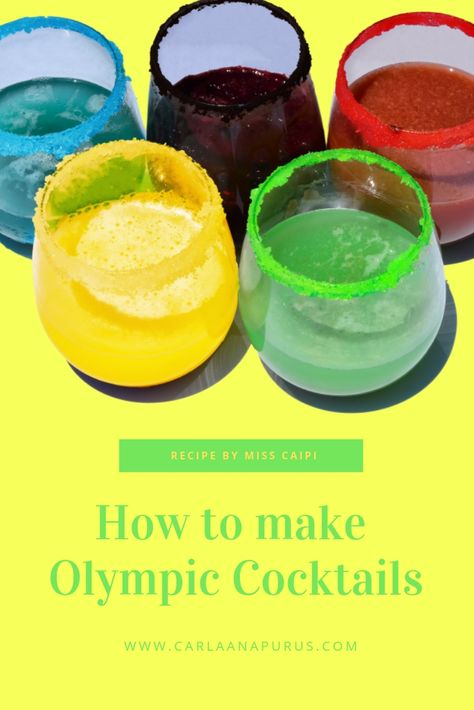 Learn how to make these nice, natural, healthy, colorful drinks inspired on the Olympic games. Click through the link to see the full recipe for the Olympic drink recipe. #olympicsdrink #cocktailrecipe #drinkrecipe #olympicgames #diydrinkrecipes Olympic Snacks, Olympic Food, Brazilian Cocktail, Drinks With Alcohol, Beer Olympics, Natural Energy Drinks, Craft Cocktail Recipe, Camp Party, Kids Punch