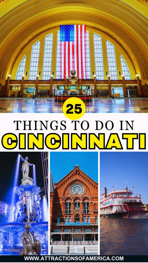 25 things to do in Cincinnati with image of Cincinnati Museum Center, Cincinnati Music Hall, Fountain Square. Ohio Attractions, Things To Do In Cincinnati, Ohio Destinations, Indiana Travel, Ohio Travel, East Coast Travel, Cincinnati Ohio, Weekend Trips, Trip Ideas