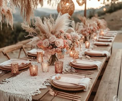 Boho Rose Gold Wedding Theme for Free-Spirited Vibes • 333+ Inspiring Lifestyle Ideas Rose Gold And Bronze Wedding Theme, Wedding Table Decorations Rose Gold, Boho Wedding Long Table Decor, Rose Gold Summer Wedding, Boho Rose Gold Wedding, Copper Champagne Gold Wedding, Rose Gold And Terracotta Wedding, Rose Gold Wedding Theme Decorations, Rose Gold And Tan Wedding