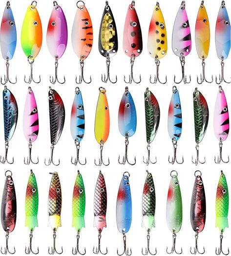 Shaddock Fishing Spoons Metal Lures, 30pcs Colorful Casting Fishing Spinner Baits Trout Trolling Spoon Fishing Lures Sharp Treble Hooks Tackle Kit Fishing Spoons, Saltwater Fishing, Fishing Lures, Spoons, Fishing