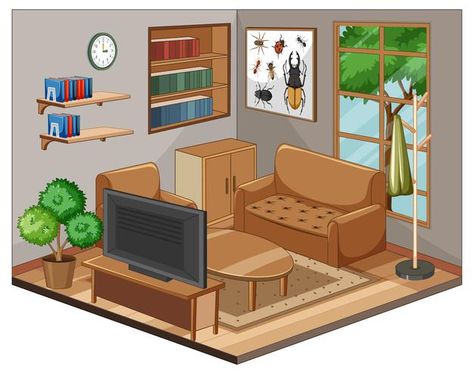 Loft Style House, Living Room Vector, Living Room Clipart, Living Room Cartoon, Living Room Illustration, Living Room Drawing, Procreate Drawings, Cactus Backgrounds, Flat Furniture