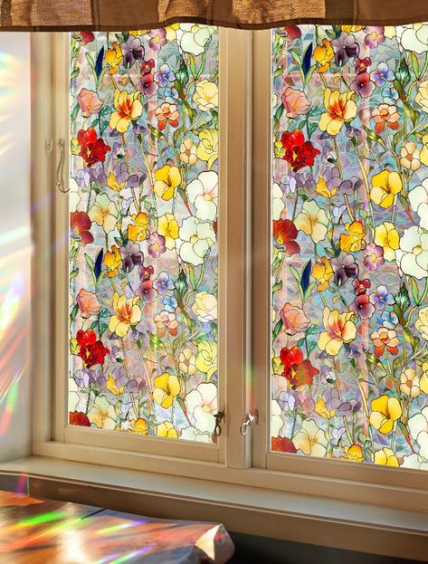 Stained Glass Window Slim Patch PVC Double sided Colored Plant and Flower Removable Window Patch 2024 - $17.99 Colourful Glass Window, Stained Glass Contact Paper, Window Flowers Indoor, Stained Glass Stickers For Windows, Gallery Glass Window, Stained Glass Window In Kitchen, Stained Glass Curtains, Stained Glass Diy Window, Floral Stained Glass Windows