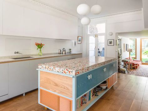 Bespoke terrazzo kitchen worktop - Diespeker & Co Kitchen Terrazzo, Terrazzo Kitchen, White Worktop, Terrazzo Marble, All Ideas, Grey Countertops, London Kitchen, Flat Panel Cabinets, Brown Floors