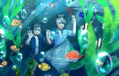 Aquarium Date, Yuuri Katsuki, Victor Nikiforov, Anime Summer, Yuri On Ice, Dark Anime, Easy Drawings, Art Inspo, Cute Drawings