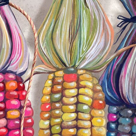 Miriam Bos.com - artist on Instagram: "Are there any great tips out there for growing corn in a small urban garden in the middle of the Netherlands?🤣 I adore the looks of jewel corn. It's also known as rainbow corn or glass corn. Painting it was fun; growing it was a disaster. I tried growing them in our garden about a year ago. I chose a very sunny place, and they started growing until they didn't. The corn stayed small, the size of a stretched hand, and when I finally opened the cobs, they Corn Mosaic Art, Corn Stalk Painting, Indian Corn Painting, Corn Drawing, Rainbow Corn, Corn Painting, Fall Illustration, Harvest Corn, Small Urban Garden