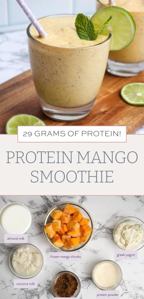 Blend up this high protein mango smoothie with my easy recipe. This healthy mango smoothie uses frozen mango for convenience. Perfect as a PCOS smoothie option. Mango Protein Smoothie Recipe, Healthy Mango Smoothie, Mango Protein Smoothie, High Protein Smoothie Recipes, Smoothie Easy, High Protein Smoothies, Frozen Mango, Smoothies With Almond Milk, Protein Smoothie Recipes