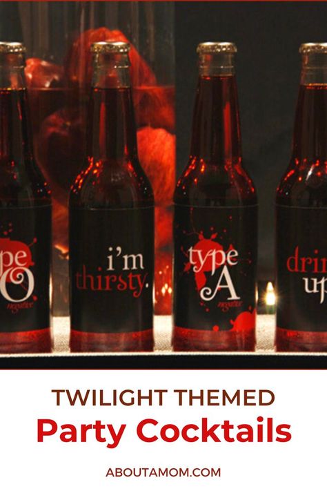 Sweet and tasty themed cocktails inspired by Twilight, plus printable blood themed labels! You're sure to impress your party guests. Movie Drinking Games, Twilight Party, Themed Cocktails, Party Cocktails, Masala Spice, Raspberry Liqueur, Sparkling Cider, Hot Cider, Themed Drinks