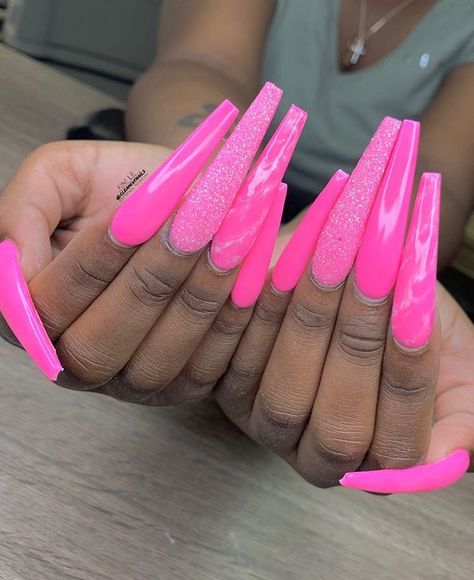 Red Nails Glitter, Pink Glitter Nails, Baddie Nails, Exotic Nails, Coffin Nails Long, Long Square Acrylic Nails, Neon Nails, Pink Acrylic Nails, Square Acrylic Nails