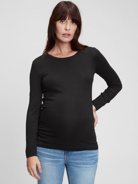 Soft modal knit.  Long sleeves.  Crewneck. Gap Maternity, Black Long Sleeve Shirt, The Gap, Black Long Sleeve, Favorite Things List, Neck T Shirt, Gap, Long Sleeve Shirts, Long Sleeve Blouse