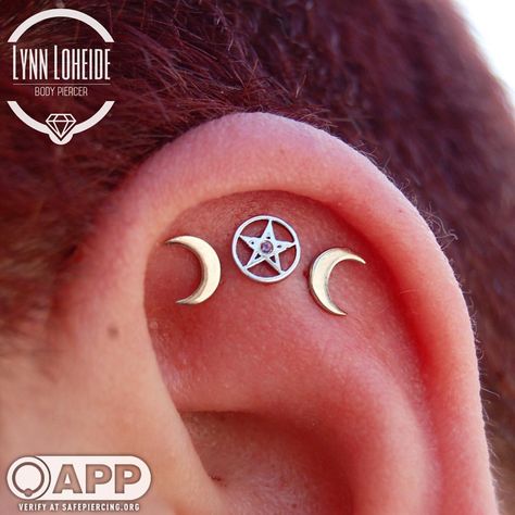 Witchy triple flat by Lynn with some @anatometalinc white gold moons around a @bvla white gold and amethyst pentagram. #legitbodyjewelry #legitpiercing #legitjewelry #bvla #bodyvisionlosangeles #anatometal #safepiercing #appmember #piercer #piercing #moongoddess #moon #witch #wicca Triple Flat Piercing Ideas, Triple Flat Piercing, Flat Piercing Ideas, Witch Goddess, Conch Ring, Goddess Symbol, Flat Piercing, Moon Witch, Cute Piercings