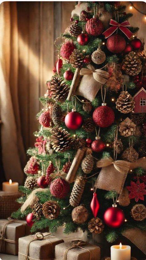 Christmas Tree Ideas With Burlap, Christmas Red Tree Ideas, Red Brown Cream Christmas Tree, Christmas Tree With Pinecones Decoration, Red And Wood Christmas Tree, Christmas Tree Wooden Ornaments, Cozy Red Christmas Aesthetic, Christmas Tree Natural Rustic, Red Brown Christmas Decor