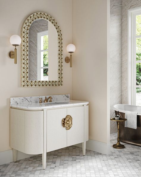 Ellaria Round Mirror Brass Accent Table, 48" Vanity, Designer Bathroom, Freestanding Vanity, White Carrara Marble, Brass Side Table, Porcelain Sink, Marble Vanity, Translucent Glass