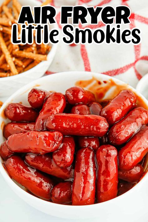 If you’re looking for a quick dinner idea or an easy appetizer for game day, you’re going to love this simple air fryer recipe! On top of being packed with flavor, these easy BBQ little smokies are made with just a handful of ingredients. And with the help of your air fryer, you can have them ready in a matter of minutes, making them perfect for any get-together. Air Fryer Cocktail Weenies, Lil Smokies Recipes Air Fryer, Lil Smokies Air Fryer, Air Fryer Little Smokies, Air Fryer Lil Smokies, Lil Smokies Recipes, Bbq Little Smokies, Franks Recipes, Bbq Cocktails